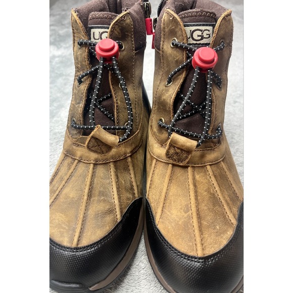 UGG Big Kids Brown Leather Waterproof Winter Boots Zip Side‎ Red Laces 6M new